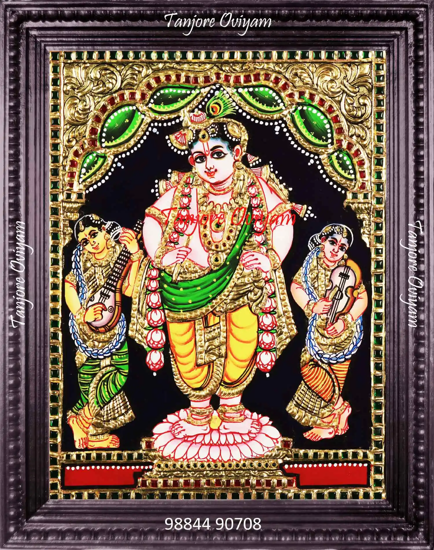 Vithobha Krishna Tanjore painting with lotus pedestal, gold and traditional devotional detailing